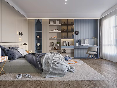 Kids Room Interior With Grey And Blue Design Bed Bookshelf Desk Chair And Rug 3d model