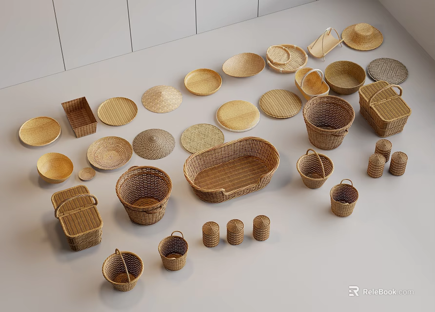 Variety Of Bamboo Storage Baskets And Containers 3d model 