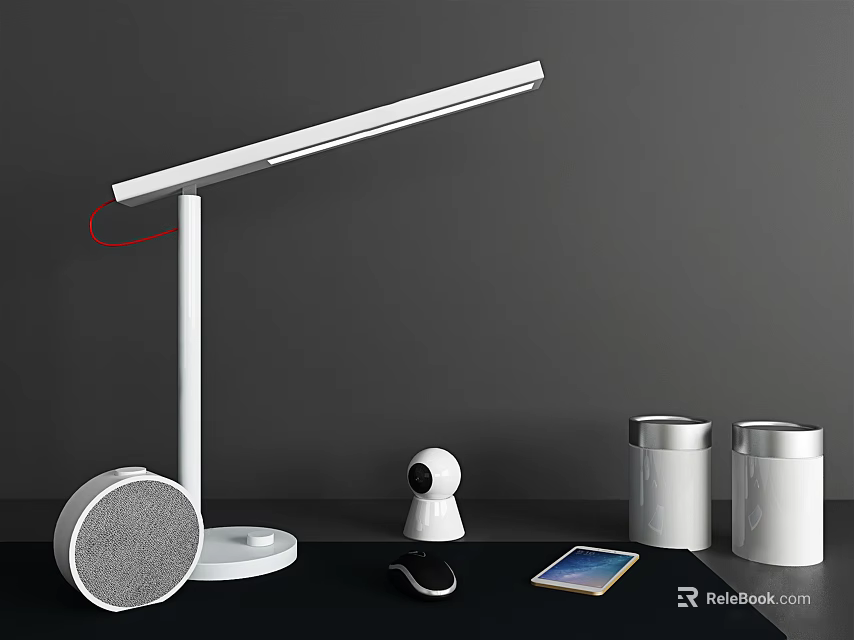 Modern White Desk Lamp With Smart Speaker Camera Tablet And Containers On Table 3d model 