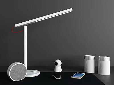 Modern White Desk Lamp With Smart Speaker Camera Tablet And Containers On Table 3d model