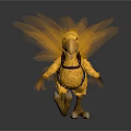 Yellow Fluffy Bird Like Creature Carrying Brown Backpack With Orange Feathers
