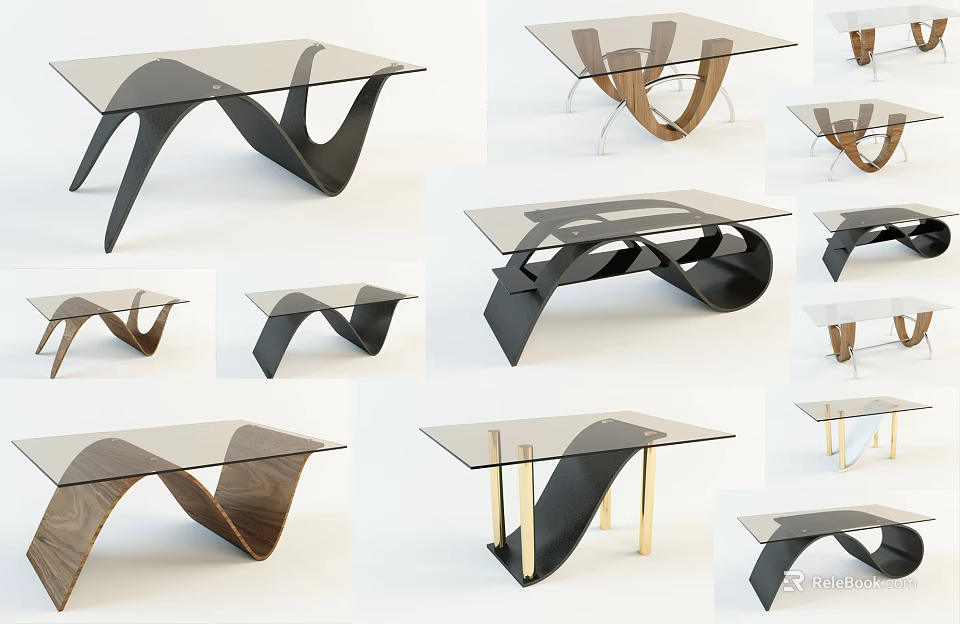 Modern Coffee Table Designs Featuring Glass Top And Curved Metal Wood Frames 3d model 