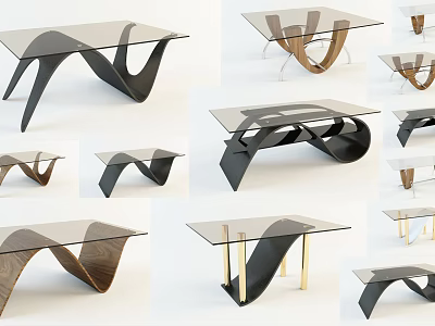 Modern Coffee Table Designs Featuring Glass Top And Curved Metal Wood Frames 3d model