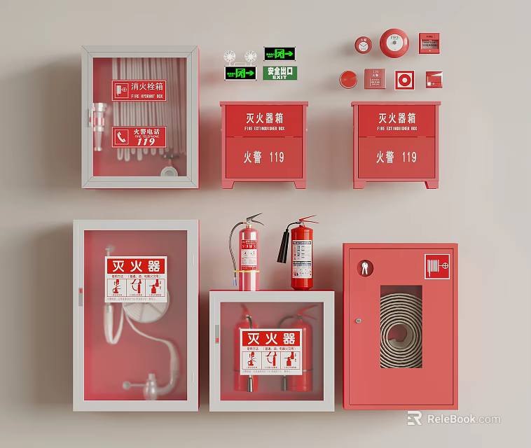 Essential Complete Set of Fire Fighting Equipment with Fire Cabinets Extinguishers Alarm Buttons and Hoses 3d model 
