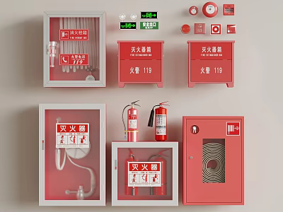 Essential Complete Set of Fire Fighting Equipment with Fire Cabinets Extinguishers Alarm Buttons and Hoses 3d model