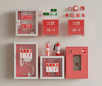 Essential Complete Set of Fire Fighting Equipment with Fire Cabinets Extinguishers Alarm Buttons and Hoses 3d model