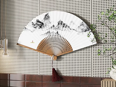 Chinese Ink Painting Fan Wall Hanging Decor on Perforated Wall with Green Plant and Tassel 3d model