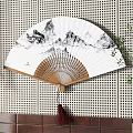 Chinese Ink Painting Fan Wall Hanging Decor on Perforated Wall with Green Plant and Tassel