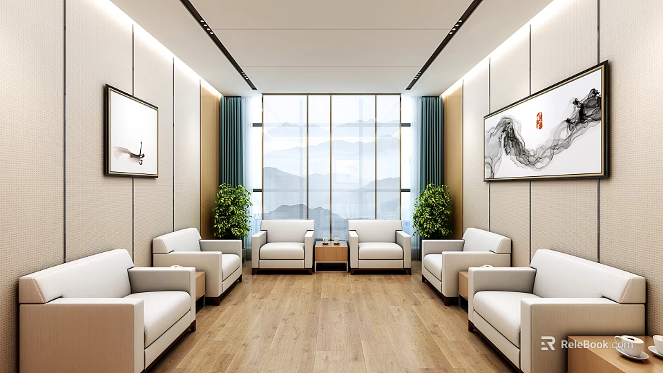 Modern Hotel Public Lounge Area With Comfortable Sofas Potted Plants Large Windows And Decorative Paintings 3d model 