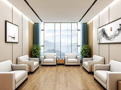Modern Hotel Public Lounge Area With Comfortable Sofas Potted Plants Large Windows And Decorative Paintings 3d model