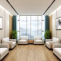 Modern Hotel Public Lounge Area With Comfortable Sofas Potted Plants Large Windows And Decorative Paintings