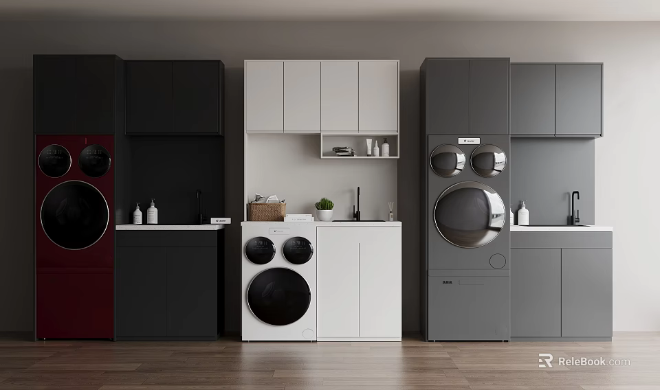 Modern Laundry Room Interior With Different Colored Washing Machines And Cabinets 3d model 