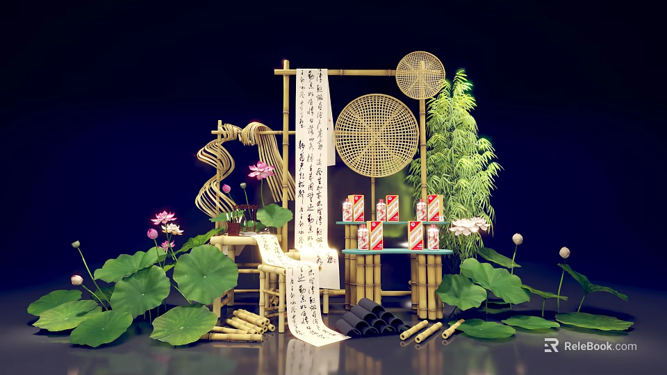 Traditional Bamboo Commercial Display Equipment With Red Packaged Goods And Green Plant Decorations 3d model 