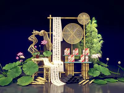 Traditional Bamboo Commercial Display Equipment With Red Packaged Goods And Green Plant Decorations 3d model
