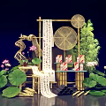 Traditional Bamboo Commercial Display Equipment With Red Packaged Goods And Green Plant Decorations