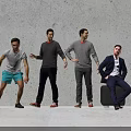 Group of People Leaning Against Gray Wall In Various Poses With Different Clothing