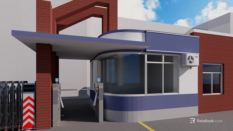Blue And White Security Booth With Red Brick Structure And Entrance Turnstile Canopy 3d model 