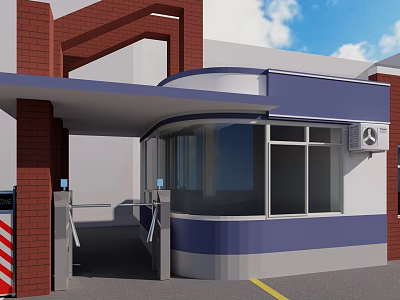 Blue And White Security Booth With Red Brick Structure And Entrance Turnstile Canopy 3d model