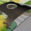 Modern Curved Entrance Gate With Wooden Structure Yellow Trees And Landscaped Ground