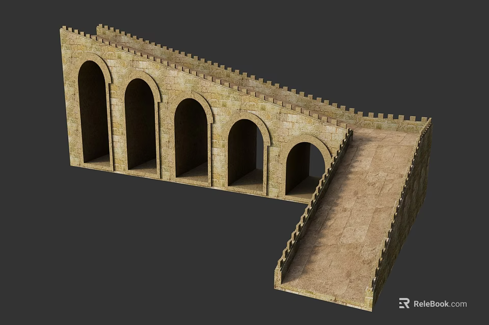 Detailed Great Wall 3D Model with Stone Arches L shaped Structure and Steps 3d model 