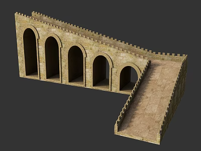 Detailed Great Wall 3D Model with Stone Arches L shaped Structure and Steps 3d model