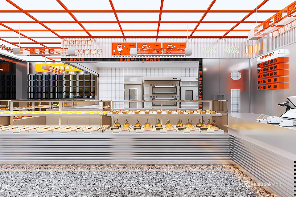Bright Dessert Shop Interior With Display Cases And Baking Equipment 3d model 