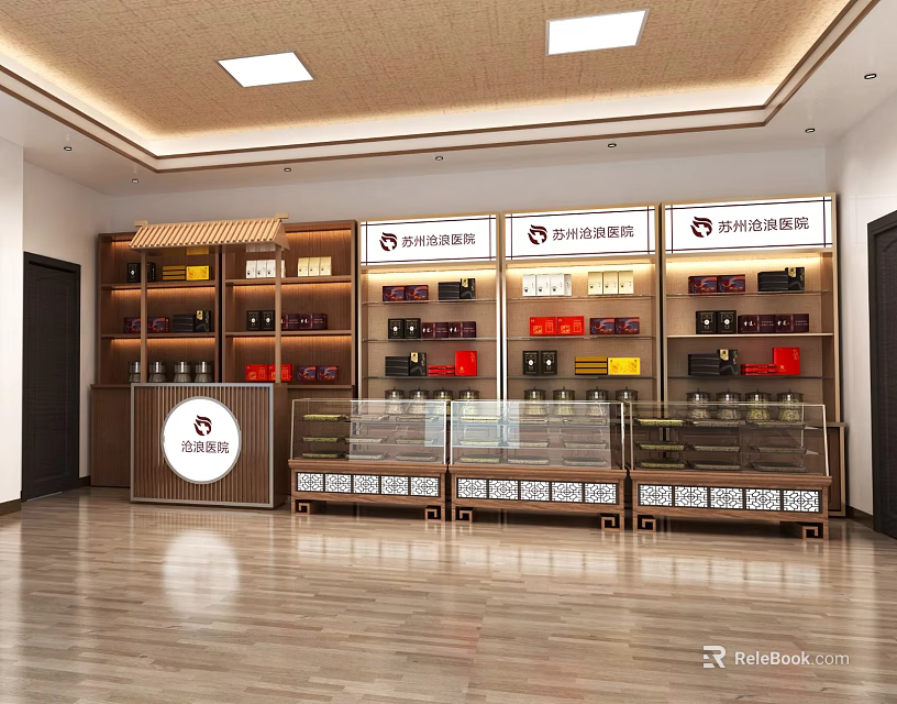 Tea Specialty Store with Wooden Shelves Display Cabinets and Various Tea Products Bright Interior 3d model 