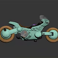 Turquoise Motorcycle with Orange Wheels Brown Seat and Transparent Windshield Modern Design