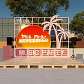 Fun Pink Sea Breeze Music Concert Scene With Pink Backdrop Chairs Lifebuoys And Palm Trees