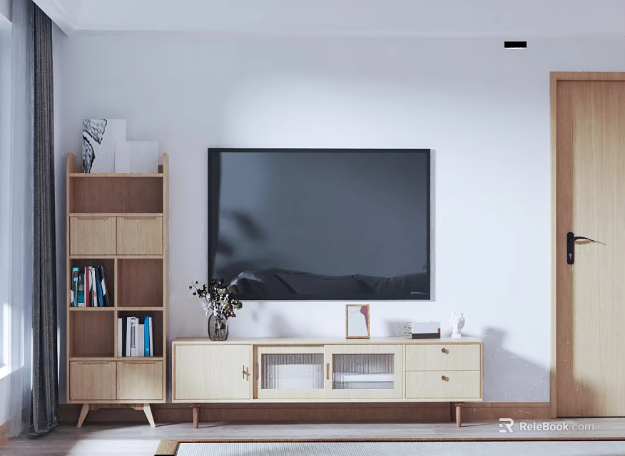 Modern Wooden TV Stand in Living Room with TV Bookshelf Vase and Photo Frame 3d model 