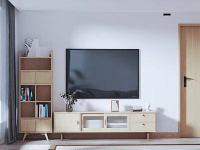 Modern Wooden TV Stand in Living Room with TV Bookshelf Vase and Photo Frame 3d model