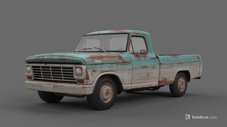 Vintage Turquoise And White Rusted Pickup Truck With Classic Retro Design 3d model 