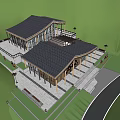 Modern Wooden Mountain Lodge with Large Windows Open Terrace and Green Hillside View