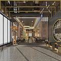 Modern Traditional Hotpot Restaurant Interior With Hanging Lights Wooden Tables And Decorative Shelves