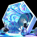 Hexagonal Art Installation Featuring Spiral Patterns People And Colorful Spherical Objects On Reflective Floor 3d model