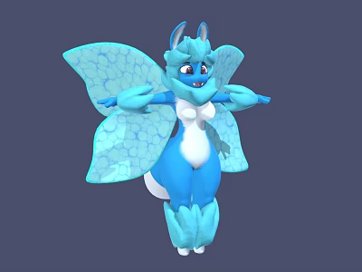 Blue Fantasy Game Character With Butterfly Wings And Fluffy White Body 3d model