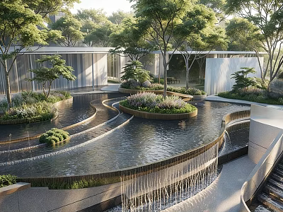 Serene Modern Indoor Landscape With Curved Water Pool Waterfall And Lush Green Plants 3d model