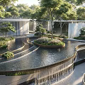 Serene Modern Indoor Landscape With Curved Water Pool Waterfall And Lush Green Plants