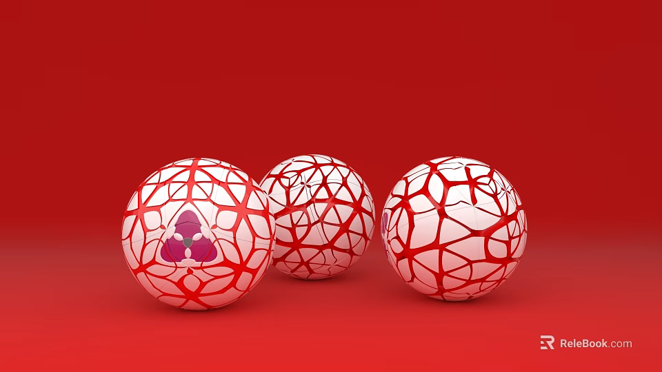 Three Red And White Spheres With Red Cracked Patterns And Pink Design On Red Background 3d model 