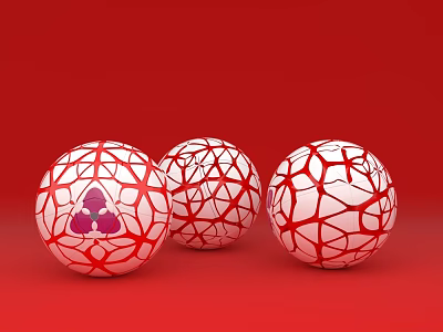 Three Red And White Spheres With Red Cracked Patterns And Pink Design On Red Background 3d model