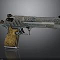 Intricately Engraved Pistol Sculpture With Silver Body And Golden Grip Patterns