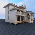 European Style Detached Villa Featuring Arched Windows Balcony Columns And Stone Exterior 3d model