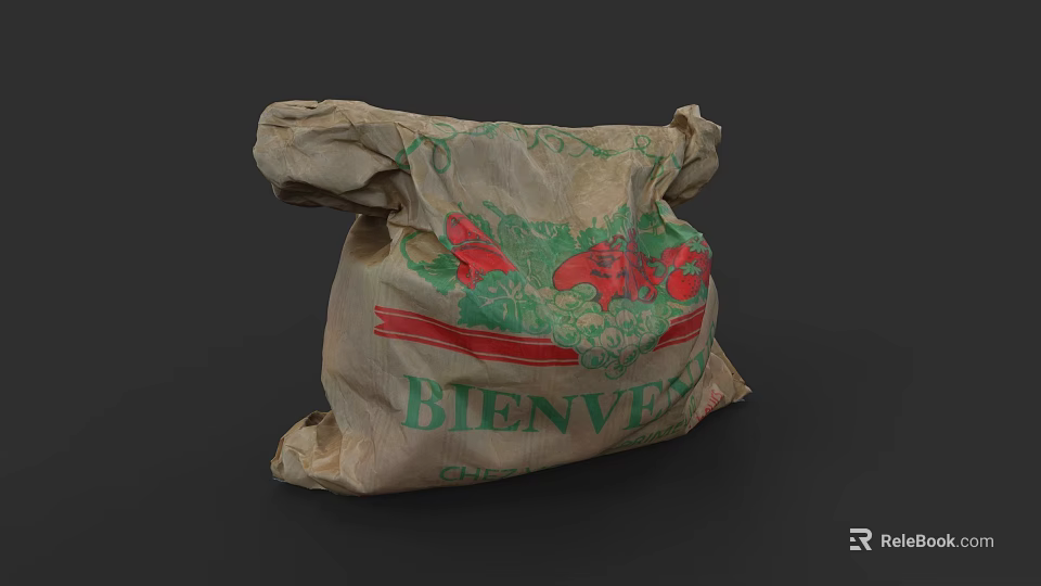 Vintage Paper Bag With Bienvenido Red Green Design For Fresh Food Storage 3d model 