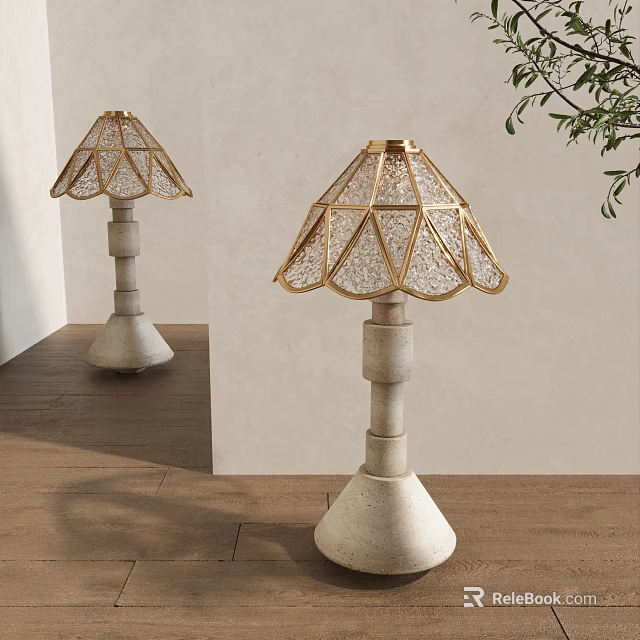 Elegant Floor Lamp With Gold Geometric Frame Mesh Shade And White Stone Base 3d model 