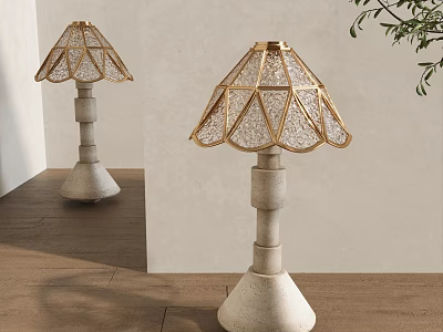 Elegant Floor Lamp With Gold Geometric Frame Mesh Shade And White Stone Base 3d model
