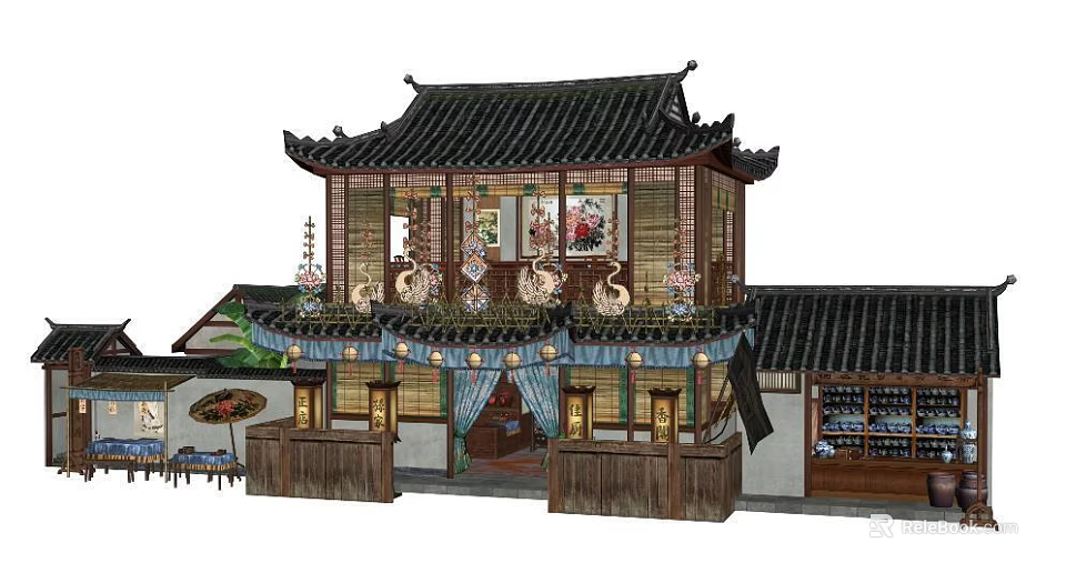 Traditional Chinese Building Exterior With Overhanging Eaves Black Tiled Roof Wooden Structure And Decorative Paintings 3d model 