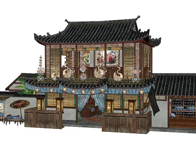 Traditional Chinese Building Exterior With Overhanging Eaves Black Tiled Roof Wooden Structure And Decorative Paintings 3d model