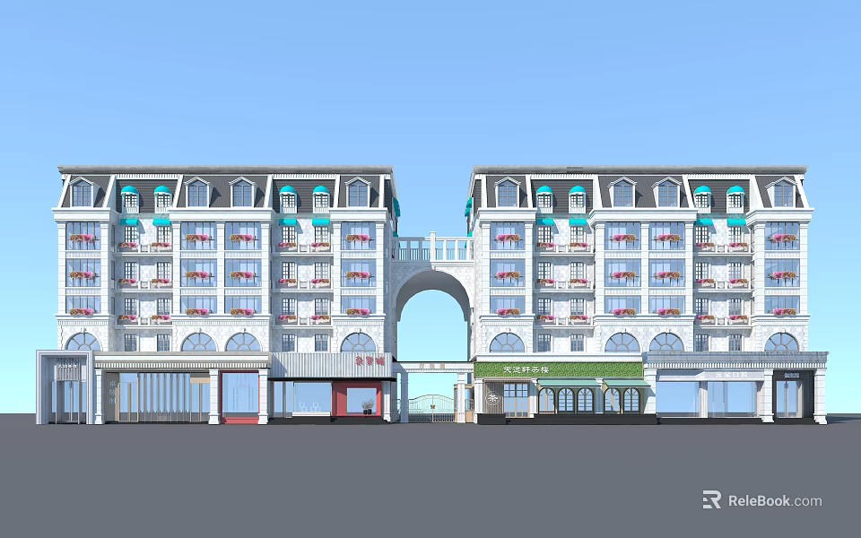Symmetrical Multi Storey Commercial Complex With Central Archway Retail Shops And Balconies 3d model