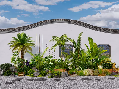 Traditional Courtyard Garden With White Wavy Wall Palm Trees Stone Lantern And Lush Greenery 3d model