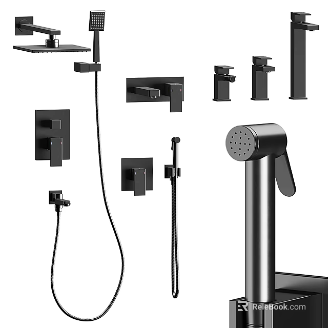 Modern Black Shower System With Rainfall Head Handheld Sprayer And Control Knobs 3d model 